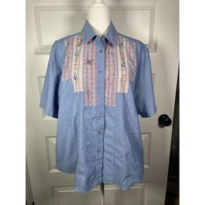 Stephanie K By Koret Blue Patchwork Floral Embroidery Glass Beaded Blouse XL